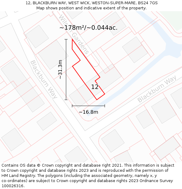 12, BLACKBURN WAY, WEST WICK, WESTON-SUPER-MARE, BS24 7GS: Plot and title map