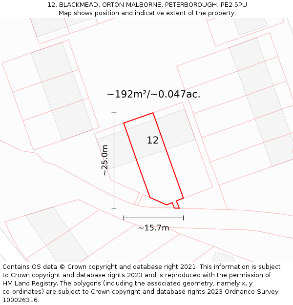 12, BLACKMEAD, ORTON MALBORNE, PETERBOROUGH, PE2 5PU: Plot and title map