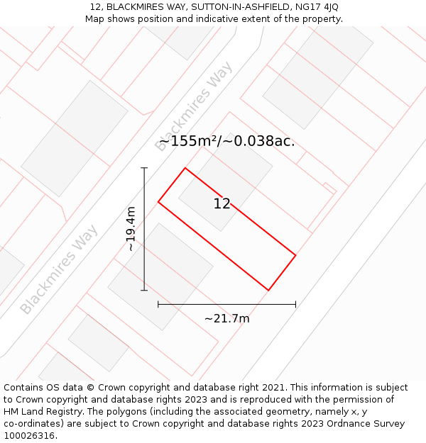 12, BLACKMIRES WAY, SUTTON-IN-ASHFIELD, NG17 4JQ: Plot and title map