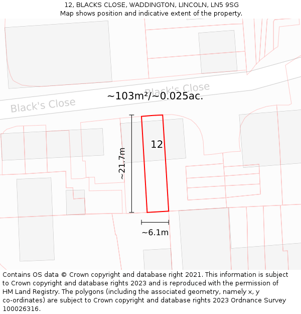 12, BLACKS CLOSE, WADDINGTON, LINCOLN, LN5 9SG: Plot and title map