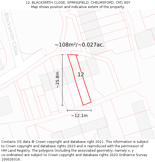 12, BLACKSMITH CLOSE, SPRINGFIELD, CHELMSFORD, CM1 6SY: Plot and title map