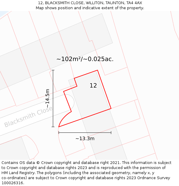 12, BLACKSMITH CLOSE, WILLITON, TAUNTON, TA4 4AX: Plot and title map