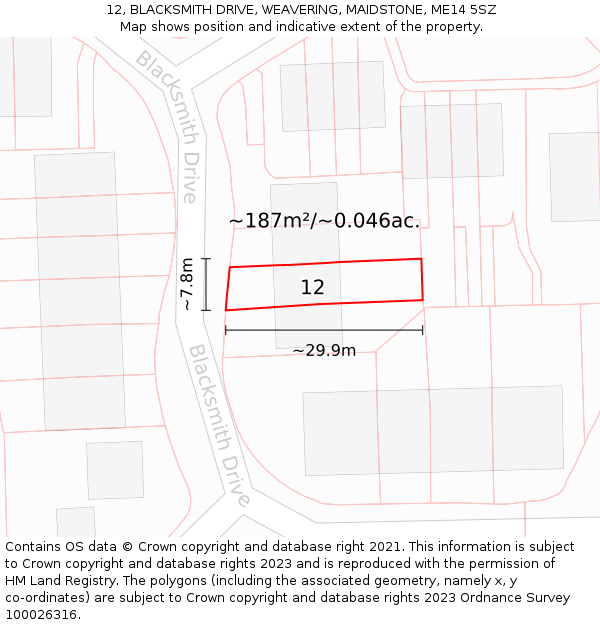 12, BLACKSMITH DRIVE, WEAVERING, MAIDSTONE, ME14 5SZ: Plot and title map
