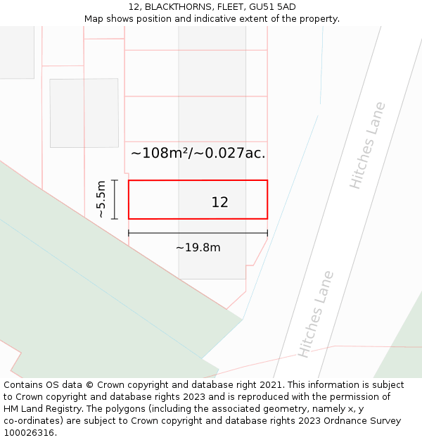 12, BLACKTHORNS, FLEET, GU51 5AD: Plot and title map