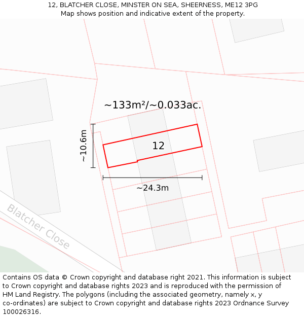 12, BLATCHER CLOSE, MINSTER ON SEA, SHEERNESS, ME12 3PG: Plot and title map