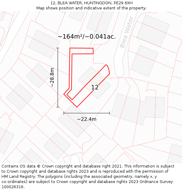 12, BLEA WATER, HUNTINGDON, PE29 6XH: Plot and title map