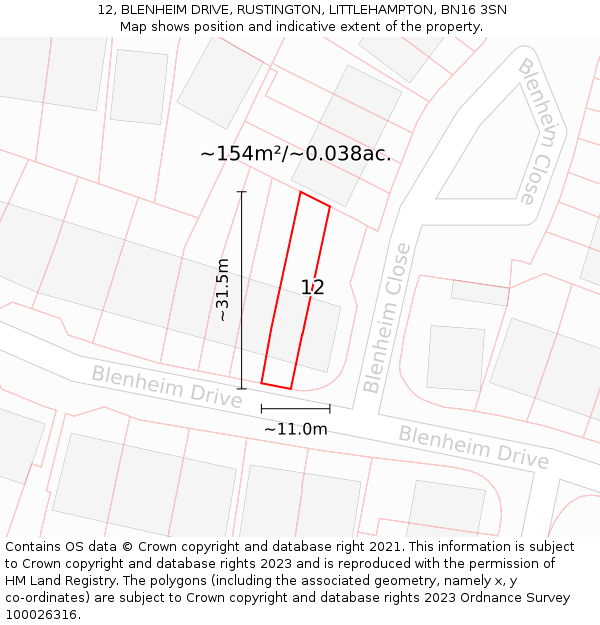 12, BLENHEIM DRIVE, RUSTINGTON, LITTLEHAMPTON, BN16 3SN: Plot and title map