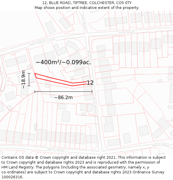 12, BLUE ROAD, TIPTREE, COLCHESTER, CO5 0TY: Plot and title map