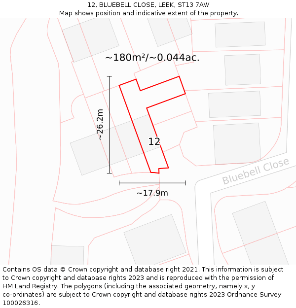 12, BLUEBELL CLOSE, LEEK, ST13 7AW: Plot and title map