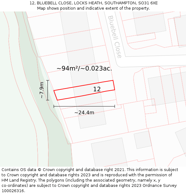12, BLUEBELL CLOSE, LOCKS HEATH, SOUTHAMPTON, SO31 6XE: Plot and title map