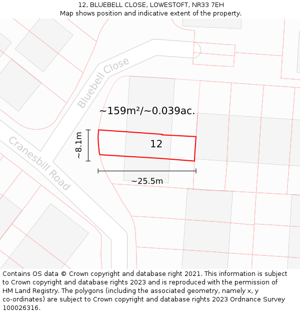 12, BLUEBELL CLOSE, LOWESTOFT, NR33 7EH: Plot and title map