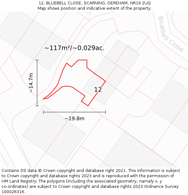 12, BLUEBELL CLOSE, SCARNING, DEREHAM, NR19 2UQ: Plot and title map