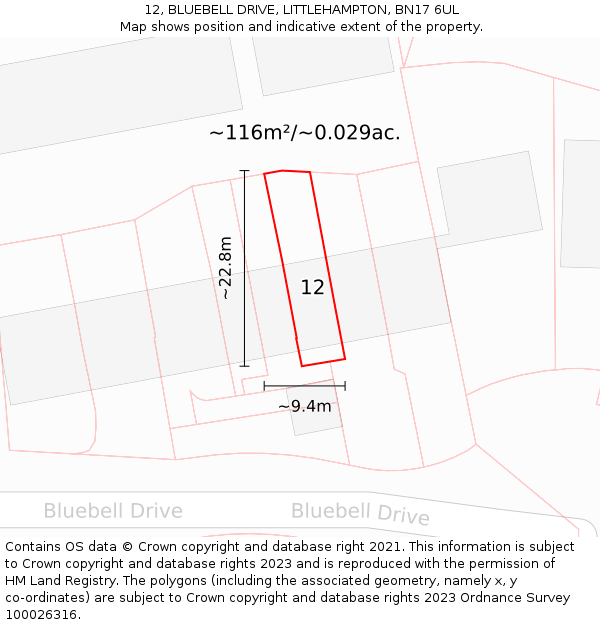 12, BLUEBELL DRIVE, LITTLEHAMPTON, BN17 6UL: Plot and title map