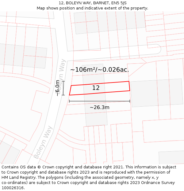 12, BOLEYN WAY, BARNET, EN5 5JS: Plot and title map