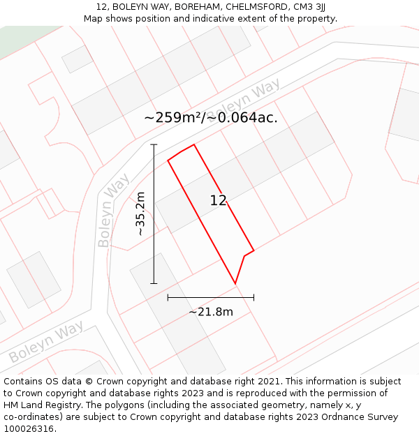 12, BOLEYN WAY, BOREHAM, CHELMSFORD, CM3 3JJ: Plot and title map