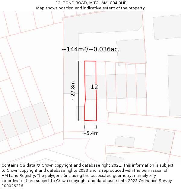 12, BOND ROAD, MITCHAM, CR4 3HE: Plot and title map