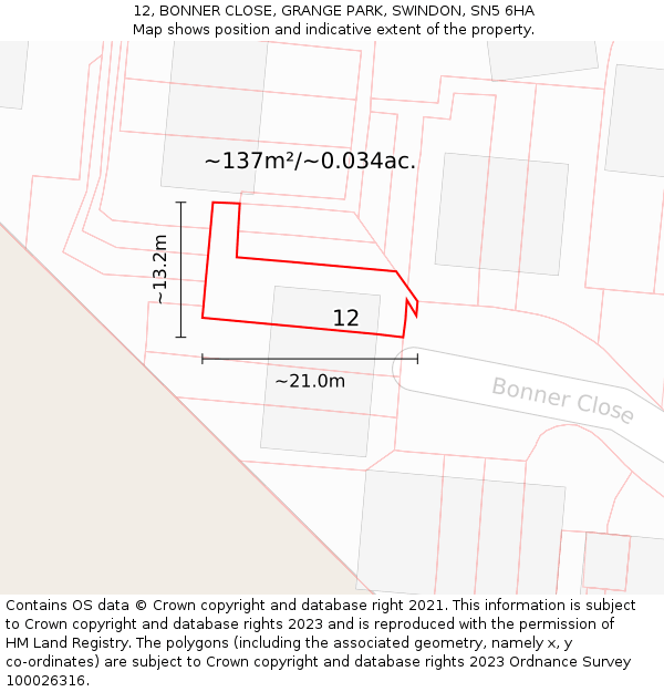 12, BONNER CLOSE, GRANGE PARK, SWINDON, SN5 6HA: Plot and title map