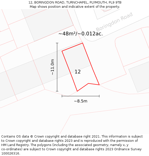 12, BORINGDON ROAD, TURNCHAPEL, PLYMOUTH, PL9 9TB: Plot and title map
