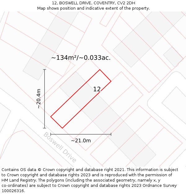 12, BOSWELL DRIVE, COVENTRY, CV2 2DH: Plot and title map