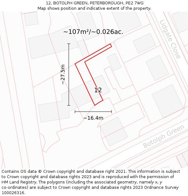 12, BOTOLPH GREEN, PETERBOROUGH, PE2 7WG: Plot and title map