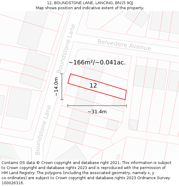 12, BOUNDSTONE LANE, LANCING, BN15 9QJ: Plot and title map