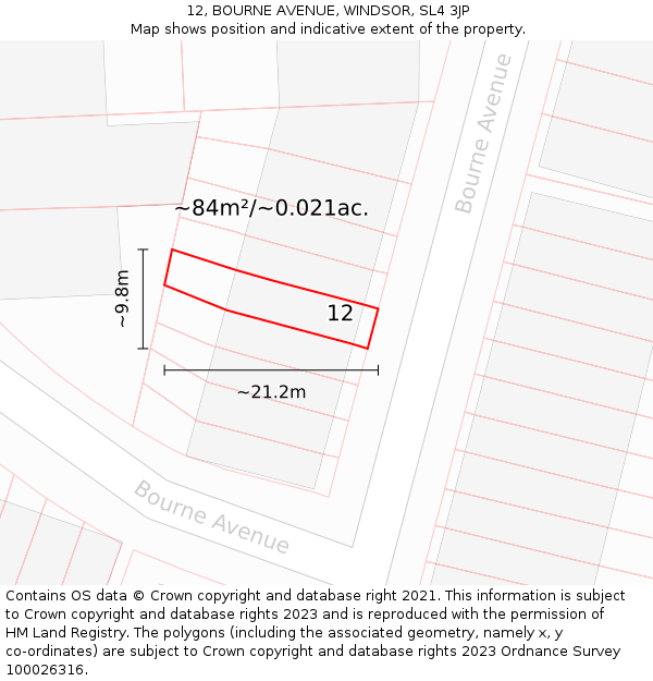 12, BOURNE AVENUE, WINDSOR, SL4 3JP: Plot and title map