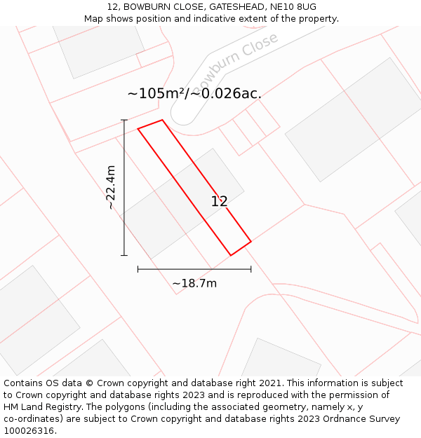 12, BOWBURN CLOSE, GATESHEAD, NE10 8UG: Plot and title map