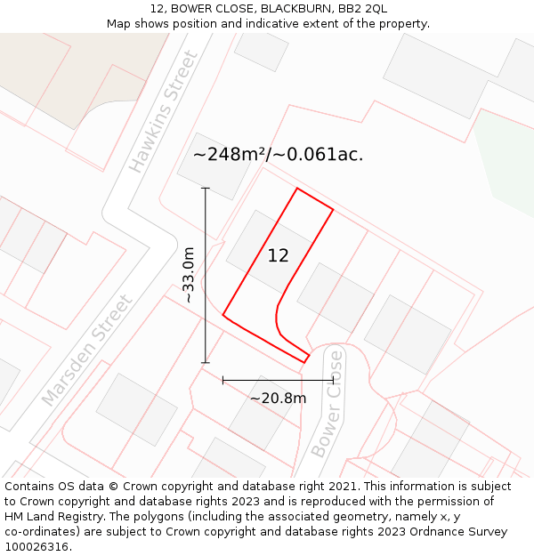 12, BOWER CLOSE, BLACKBURN, BB2 2QL: Plot and title map