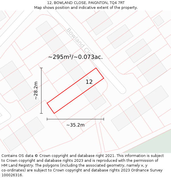 12, BOWLAND CLOSE, PAIGNTON, TQ4 7RT: Plot and title map