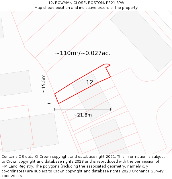 12, BOWMAN CLOSE, BOSTON, PE21 8PW: Plot and title map