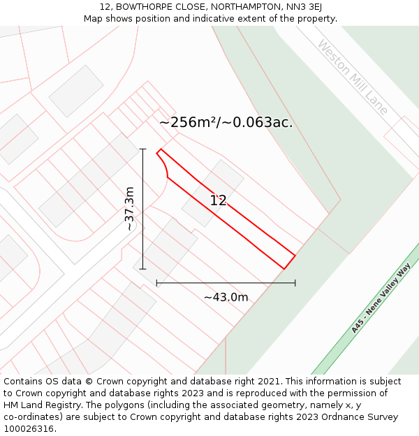 12, BOWTHORPE CLOSE, NORTHAMPTON, NN3 3EJ: Plot and title map