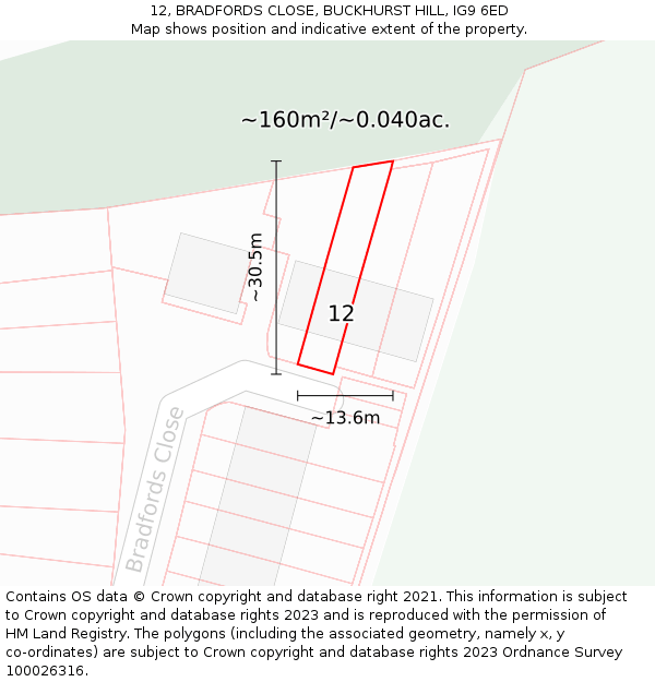 12, BRADFORDS CLOSE, BUCKHURST HILL, IG9 6ED: Plot and title map