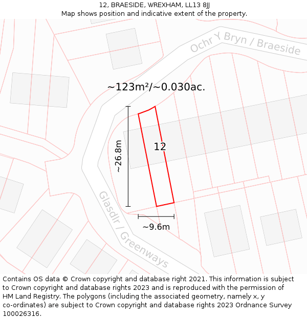 12, BRAESIDE, WREXHAM, LL13 8JJ: Plot and title map