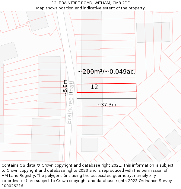 12, BRAINTREE ROAD, WITHAM, CM8 2DD: Plot and title map