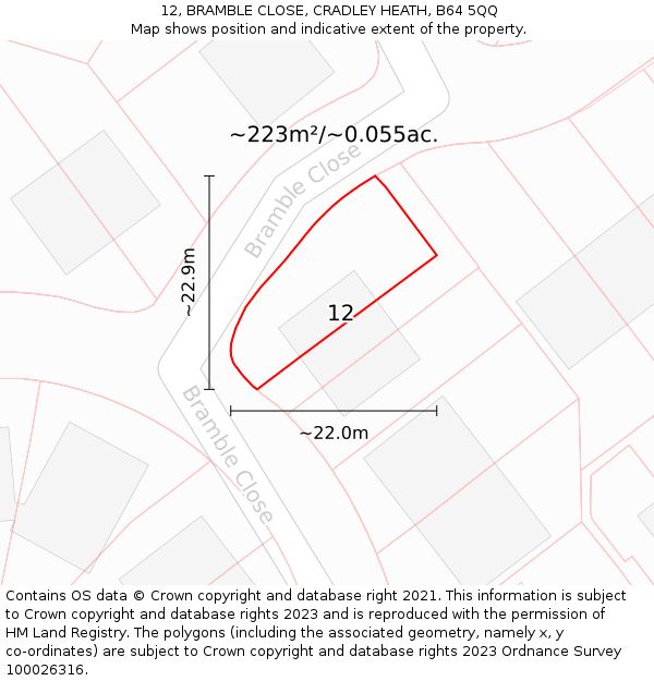 12, BRAMBLE CLOSE, CRADLEY HEATH, B64 5QQ: Plot and title map