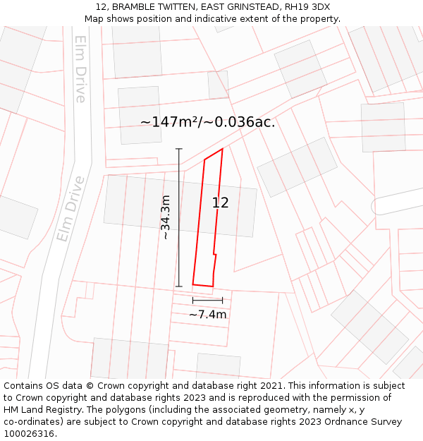 12, BRAMBLE TWITTEN, EAST GRINSTEAD, RH19 3DX: Plot and title map