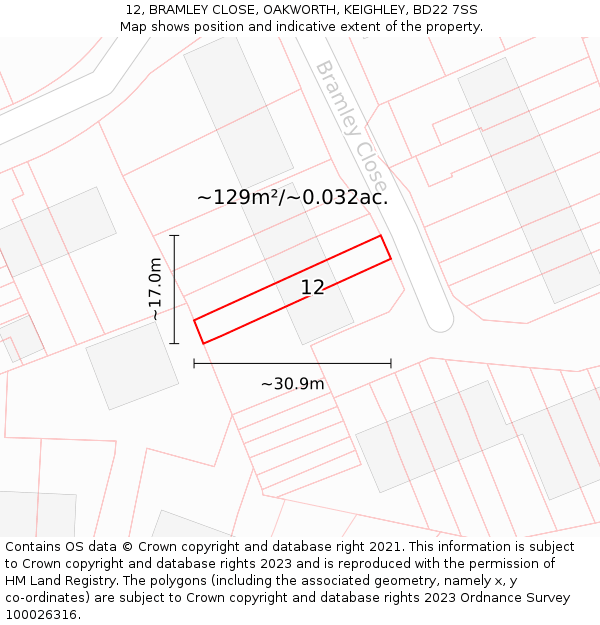 12, BRAMLEY CLOSE, OAKWORTH, KEIGHLEY, BD22 7SS: Plot and title map