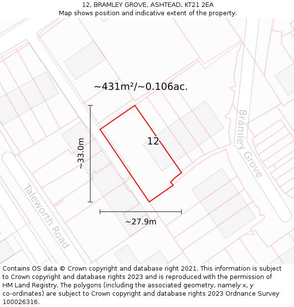 12, BRAMLEY GROVE, ASHTEAD, KT21 2EA: Plot and title map