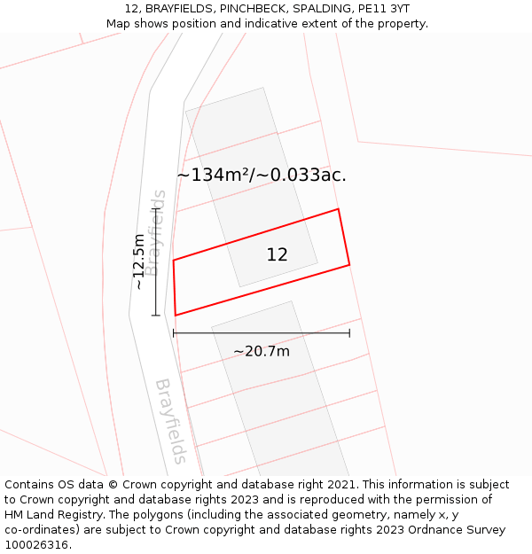 12, BRAYFIELDS, PINCHBECK, SPALDING, PE11 3YT: Plot and title map