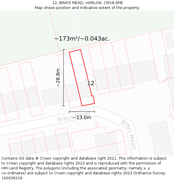 12, BRAYS MEAD, HARLOW, CM18 6PB: Plot and title map
