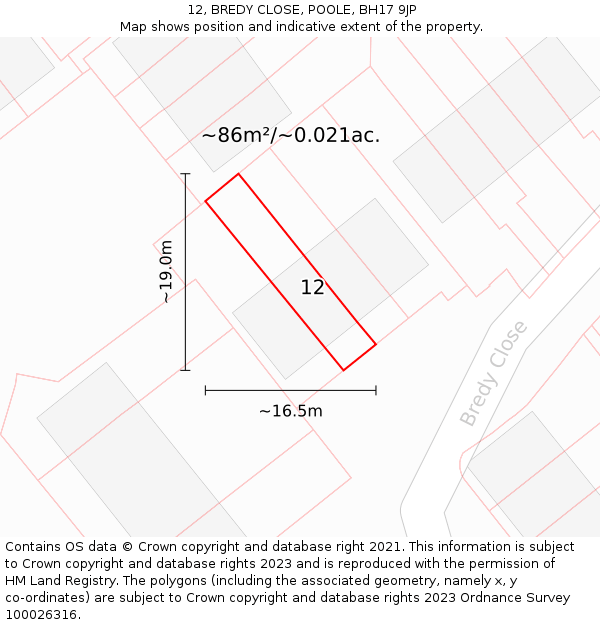 12, BREDY CLOSE, POOLE, BH17 9JP: Plot and title map