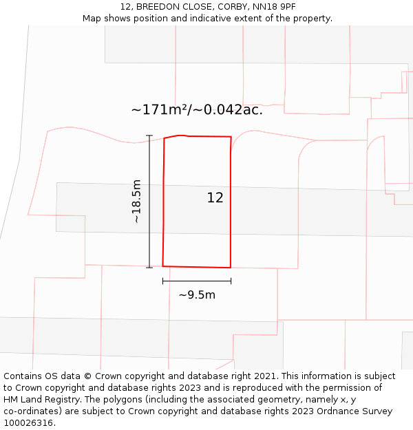 12, BREEDON CLOSE, CORBY, NN18 9PF: Plot and title map