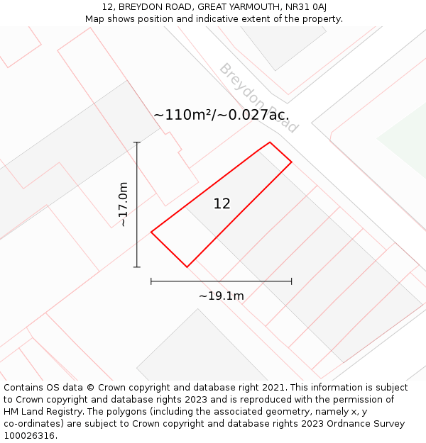 12, BREYDON ROAD, GREAT YARMOUTH, NR31 0AJ: Plot and title map