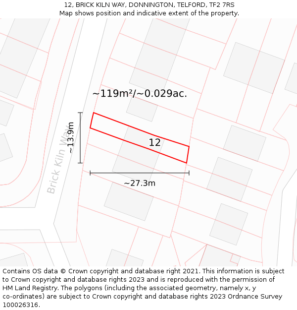 12, BRICK KILN WAY, DONNINGTON, TELFORD, TF2 7RS: Plot and title map