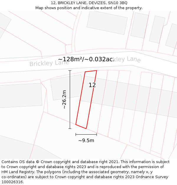 12, BRICKLEY LANE, DEVIZES, SN10 3BQ: Plot and title map