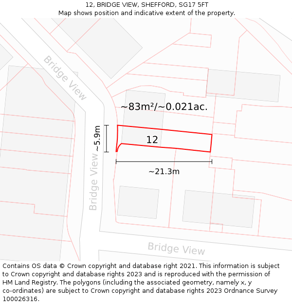 12, BRIDGE VIEW, SHEFFORD, SG17 5FT: Plot and title map