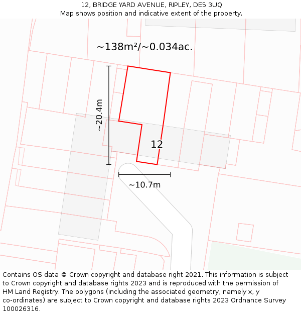 12, BRIDGE YARD AVENUE, RIPLEY, DE5 3UQ: Plot and title map