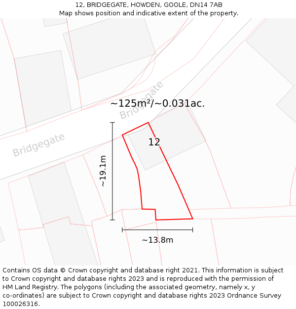 12, BRIDGEGATE, HOWDEN, GOOLE, DN14 7AB: Plot and title map