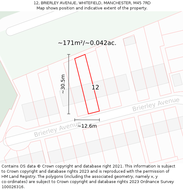 12, BRIERLEY AVENUE, WHITEFIELD, MANCHESTER, M45 7RD: Plot and title map