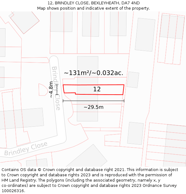 12, BRINDLEY CLOSE, BEXLEYHEATH, DA7 4ND: Plot and title map